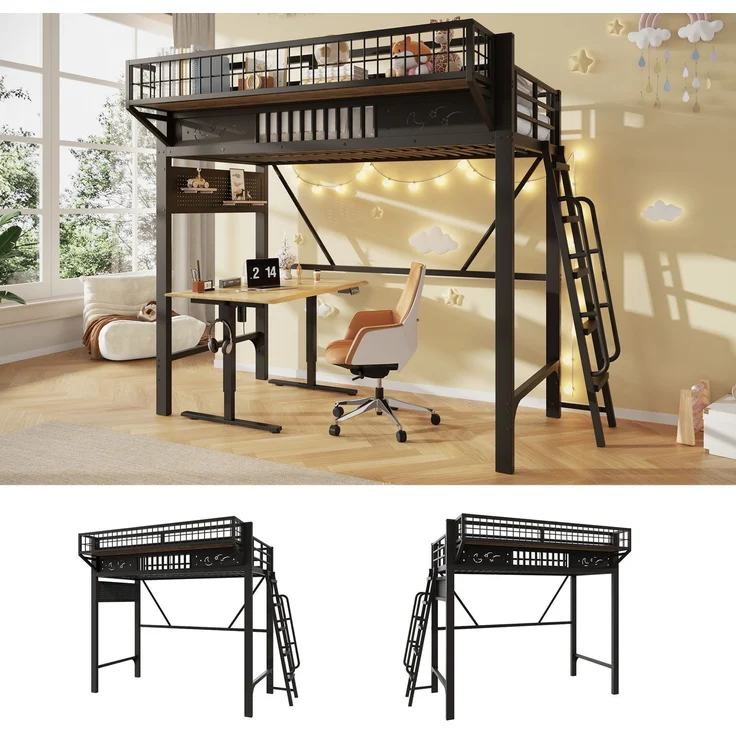 Hochbett 90x200 cm aus Metall mit Staufächern und offener Unterebene – Ohne Matratze – Bild 2