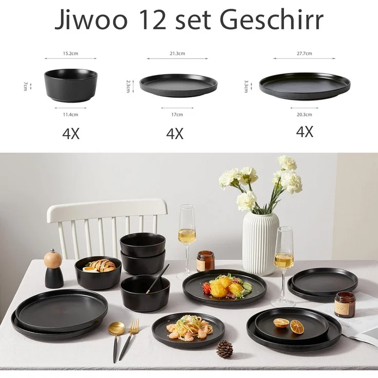 JIWOO Geschirr-Set 12tlg Kombiservice Teller-Set Tafelservice Schüssel-Set Speiseteller (12-tlg), 4 Personen, Keramik, Hochwertiges Geschirr set Schwarz Mikrowellen spülmaschinenfest – Bild 2