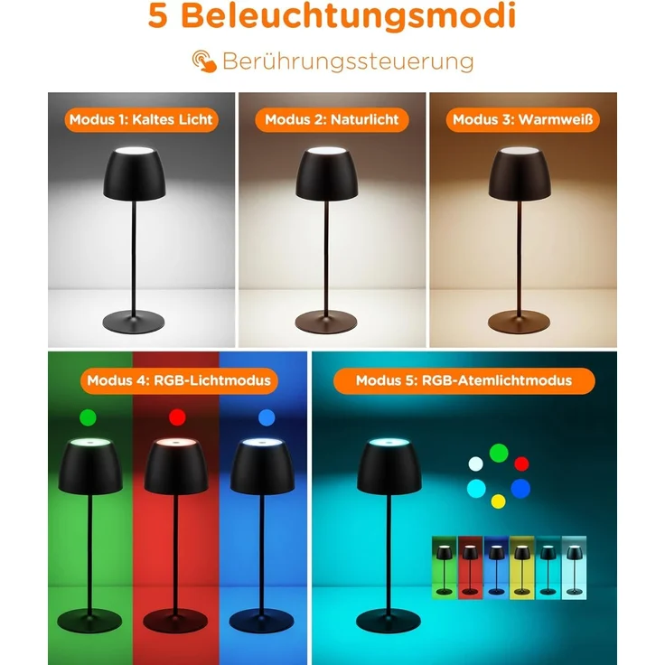 Tomons LED Außen-Tischleuchte dimmbare kabellose Touch-Tischlampe, wiederaufladbar, 3000-6500K, 4 RGB-Modi, IP54 – Bild 2
