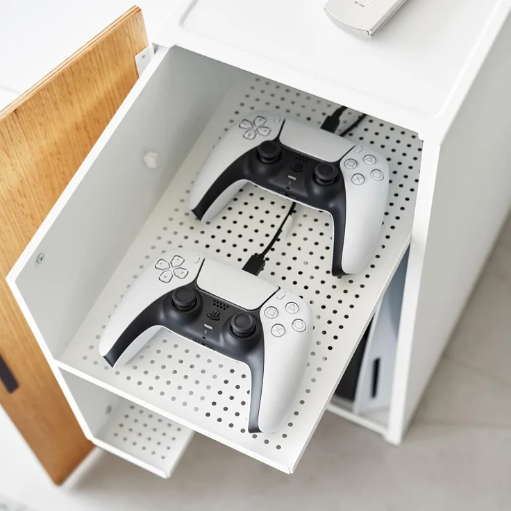 Yamazaki Beistellschrank Tower Schrank Metall für Spielekonsole für Wohnzimmer Büro zur Organisation von Konsolen, 2 ausziehbare Controllerhalter – Bild 9