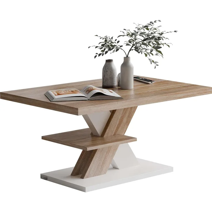 Casaria Couchtisch, Holz 2 Ablagen 90x60 cm Modern Eckig Kratzfest Weiß Eiche