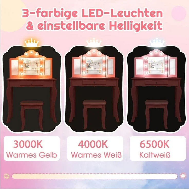 COSTWAY Schminktisch Kinder Schminktisch Set, einstellbare LED Beleuchtung – Bild 2