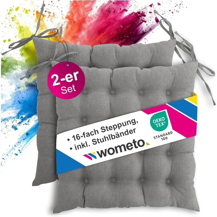 wometo Stuhlkissen Prime, 2er Set, OEKO-TEX®, mit Steppung & Bändern, Grau, 40x40 – Bild 1
