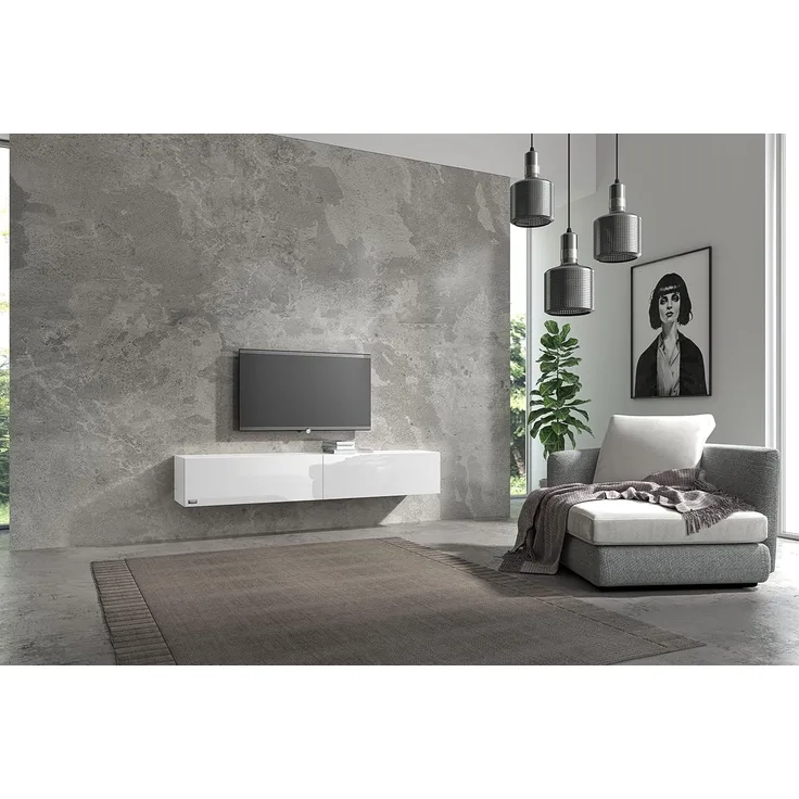 Wuun® TV Board hängend/8 Größen/5 Farben/180cm Matt Weiß- Weiß-Hochglanz/Lowboard Hängeschrank Hängeboard Wohnwand/Hochglanz & Naturtöne/Somero