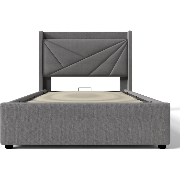 Polsterbett Baumwoll-Leinen mit Bettkasten & USB-Anschluss, 96x208x107 cm, Grau, ohne Matratze – Bild 7