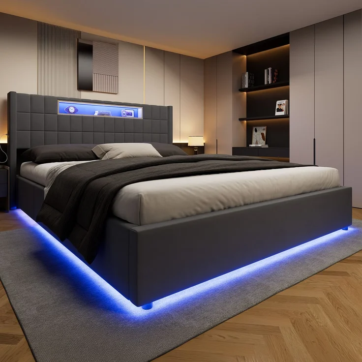 Polsterbett 180x200 cm mit LED-Beleuchtung, USB-Anschlüssen und Bettkasten – Ohne Matratze – Bild 5