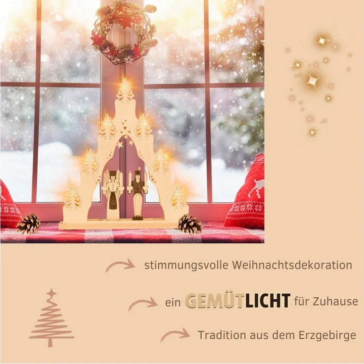 Weigla Schwibbogen Engel & Bergmann, Lichterspitze aus Holz, NATUR-BRAUN, Made in Germany, Erzgebirge garantiert, Weihnachtsdeko Innen, Weihnachtsbeleuchtung – Bild 3