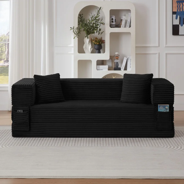 ZUBALIYA Schlafsofa, mit Schlaffunktion, H 60 × T 200 × B 76 cm, Schwarz, Schaumstoff – Bild 1