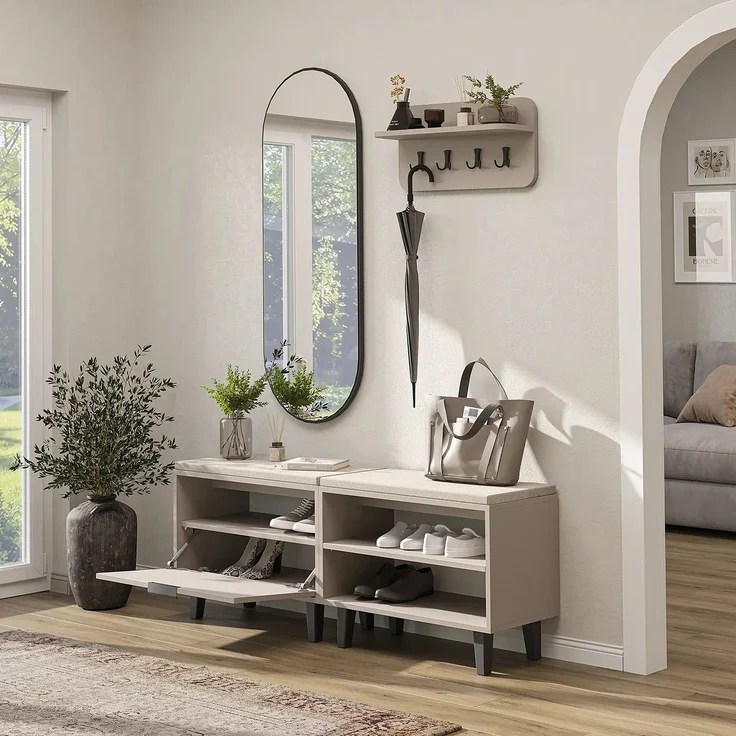 Roomart NORD Garderobenset 4-teilig – Sitzbank offen & mit Schuhklappe, Wandgarderobe & ovaler Spiegel – Flurgarderobe – H 53 x B 73.6 x T 35 cm (Sitzbank) • Beige – Bild 4