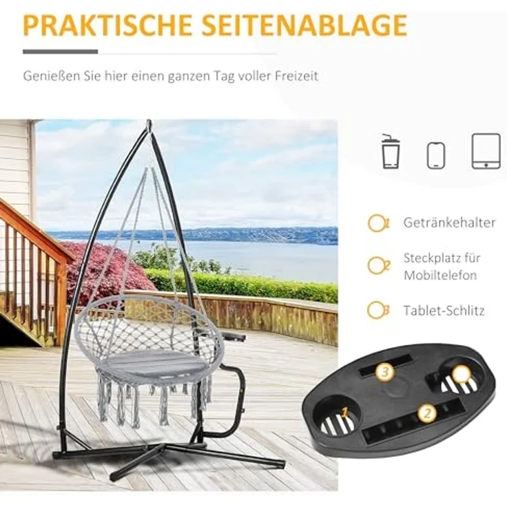 Outsunny Hängemattengestell mit Federhaken, Tablett, (Metall Ständer, 1-St, Gestell für Hängesessel), für Indoor Outdoor Balkon Schwarz – Bild 4