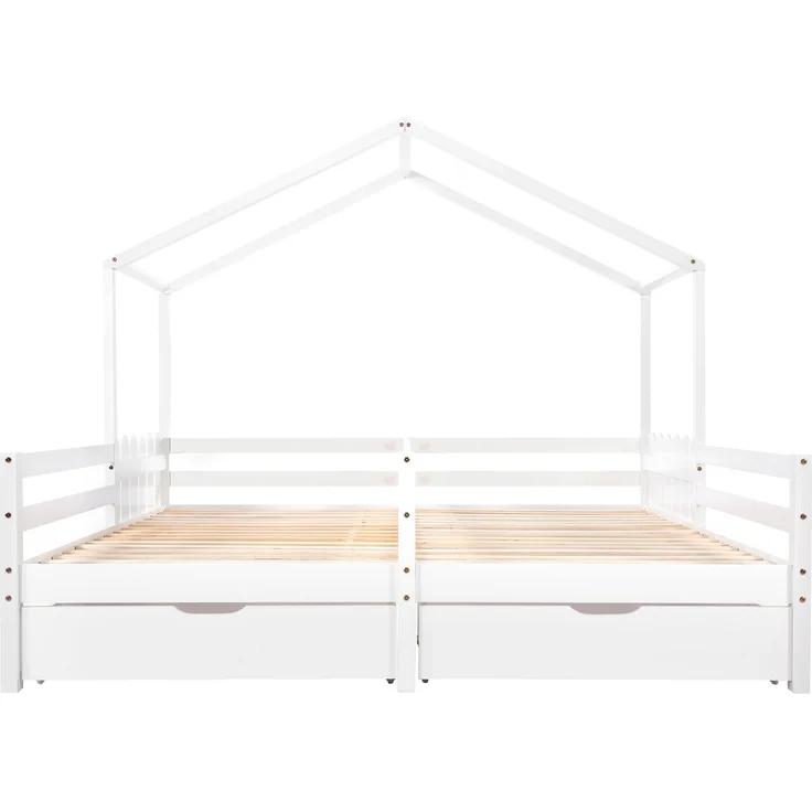 U-life Hausbett 90x200 cm, Doppelbett und Kinderbett, mit geteiltem Mittelzaun, 2 MDF-Schubladen und Sicherheitsgeländer, Kiefernholz, Weiß – Bild 7