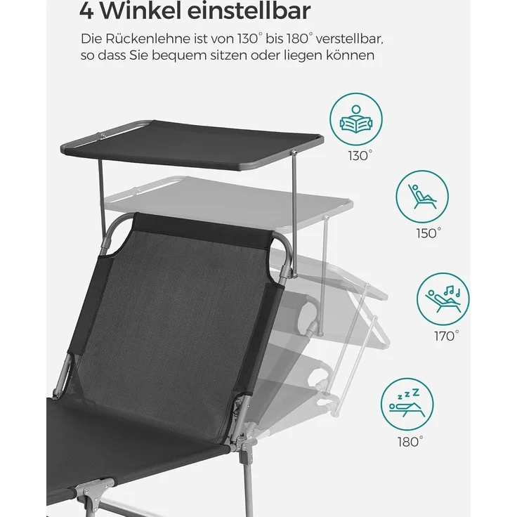 Songmics Sonnenliege mit Sonnenschutz, Kopfstütze & verstellbarer Rückenlehne, Stahl/Kunstfasergewebe, anthrazit, 200 x 71 x 38 cm – Bild 4