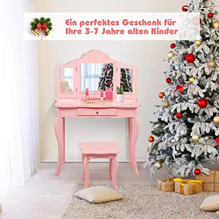 COSTWAY 2 in 1 Kinder Schminktisch mit Hocker, Frisiertisch mit 3-Fach abnehmbarem Spiegel & Schublade, Kosmetiktisch Mädchen Holz, 70 x 34 x 103 cm (Rosa) – Bild 5