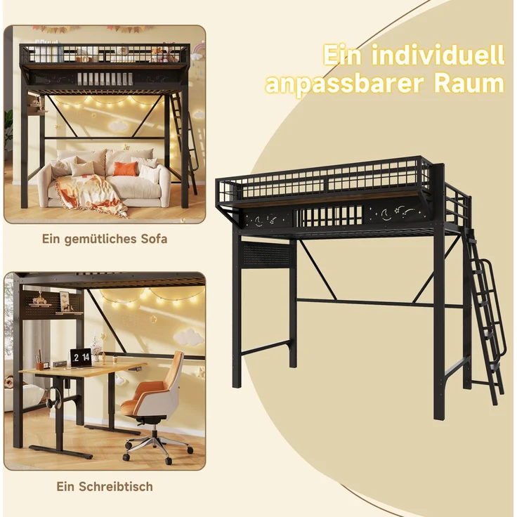 Hochbett 90x200 cm aus Metall mit Staufächern und offener Unterebene – Ohne Matratze – Bild 7