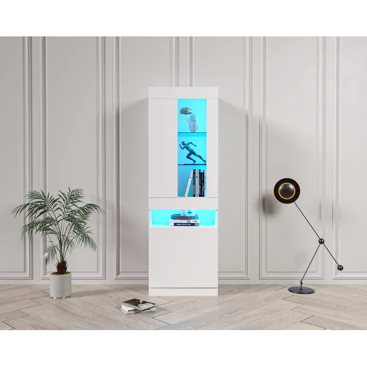 Vitrinenschrank, mit App-LED-Licht, 2 Glasböden & halboffener Tür, 50x40x180 cm, Weiß