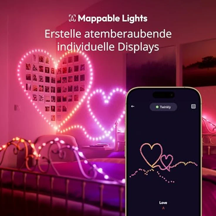Twinkly Strings USB-C Hearts 200 LED, LED-Lichterkette in Herzform, RGB LED-Lichter Mehrfarbig, Kompatibel mit Alexa und Google Home, Weihnachtsdeko, Stromversorgung USB-C, Grünes Kabel, 12m – Bild 5