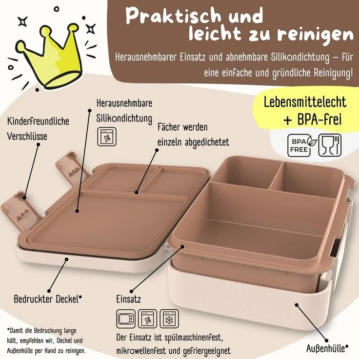 BEARFOOT Lunchbox Brotdose mit Fächern, leicht & auslaufsicher - Braun, PP, ABS, Silikon, Kindergarten und Schule - Mädchen und Jungen, Vesperbox, Snackbox – Bild 3