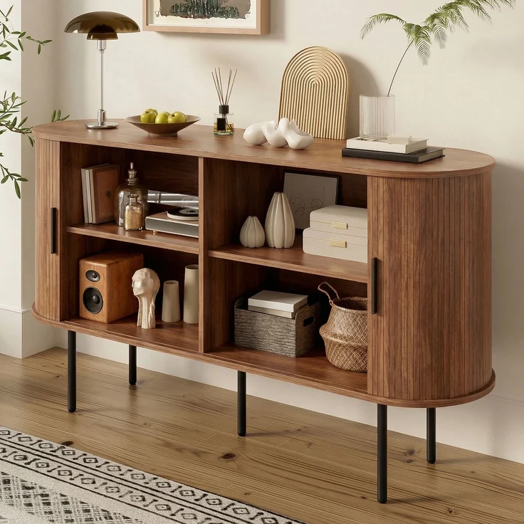 Merax Sideboard mit Rolljalousie-Türen, Aluminiumgriffen & Eisenbeinen – Vielseitiger Aufbewahrungsschrank für Wohnzimmer, Esszimmer & moderne Einrichtung – Bild 6