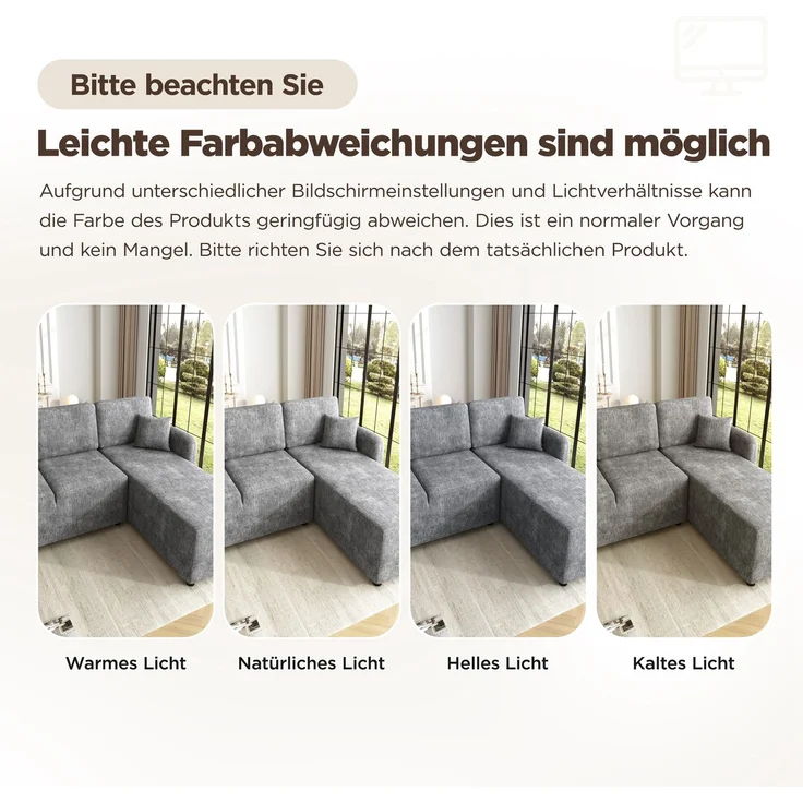 EINHOM L-Form Ecksofa 3-Sitzer mit langer Liegefläche (144 cm), hochwertiger Chenille-Bezug, hoher Sitzkomfort durch Hochdichteschaum, bis 150 kg Tragkraft inklusive 2 Kissen für Wohnung & Studentenwohnheim – Bild 6