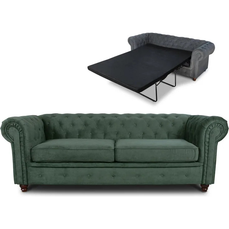 Schlafsofa Chesterfield Asti Bis 3-Sitzer, Sofa mit Schlaffunktion, Couch 3-er, Couchgarnitur, Sofagarnitur, Holzfüße - Glamour Design (Grün (Capri 74))