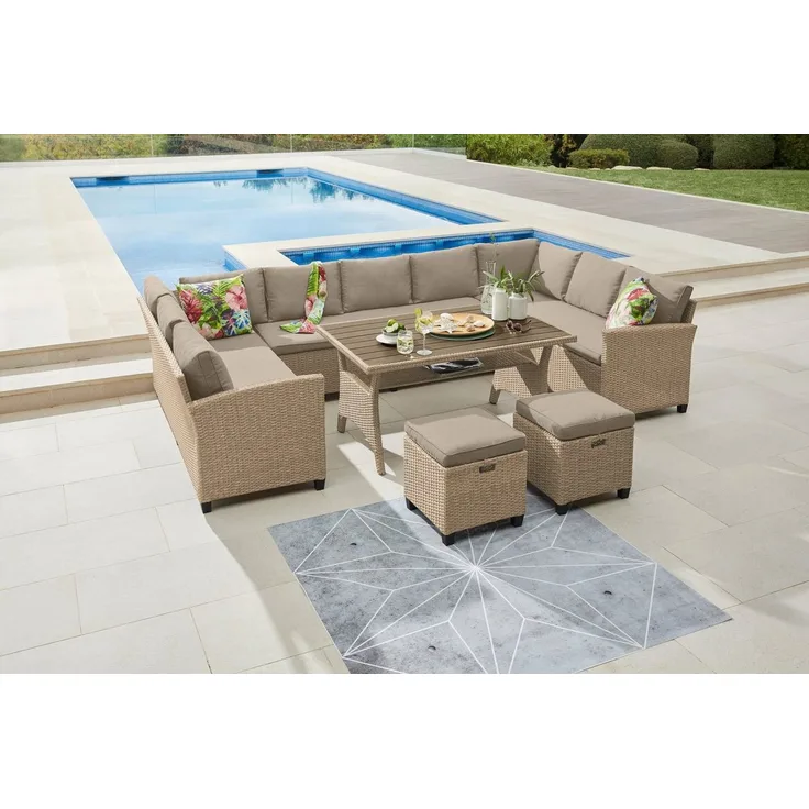 KONIFERA Gartenlounge-Set Rotterdam, (Set, 20-tlg, 3x 3er Sofa, 2x Hocker, 1x Tisch 120x82x67cm, inkl. Auflagen), Polyrattan, Stahl, Tischplatte aus Nonwood
