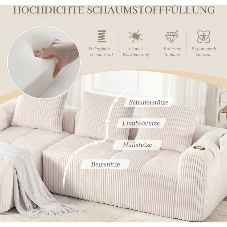 LVHOM Ecksofa 3 sitzer, Bodensofa mit Seitentaschen und Getränkehalter, Polstersofa aus Cordstoff, frei Kombination, Modulares Chaiselongue-Sofa-Set, 253x158x61 cm – Bild 5