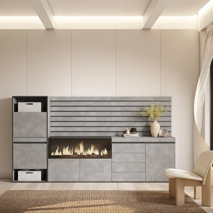 Skraut Home | Schuhregal, Schuhschrank | Schuhaufbewahrung | 274 x 145 x 35 cm | Für Schlafzimmer, Zimmer | Elektrokamin XXL | Kommode mit Schubladen | Lamellenwand Holz | Moderner Stil | Zement – Bild 2