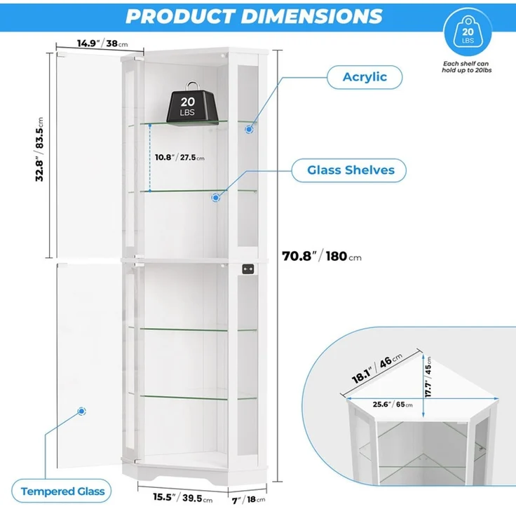 Eckvitrine 65x45x180 cm, 6-stöckige Glasvitrine mit LED-Beleuchtung, Glastüren und Bewegungssensor, Weiß – Bild 4