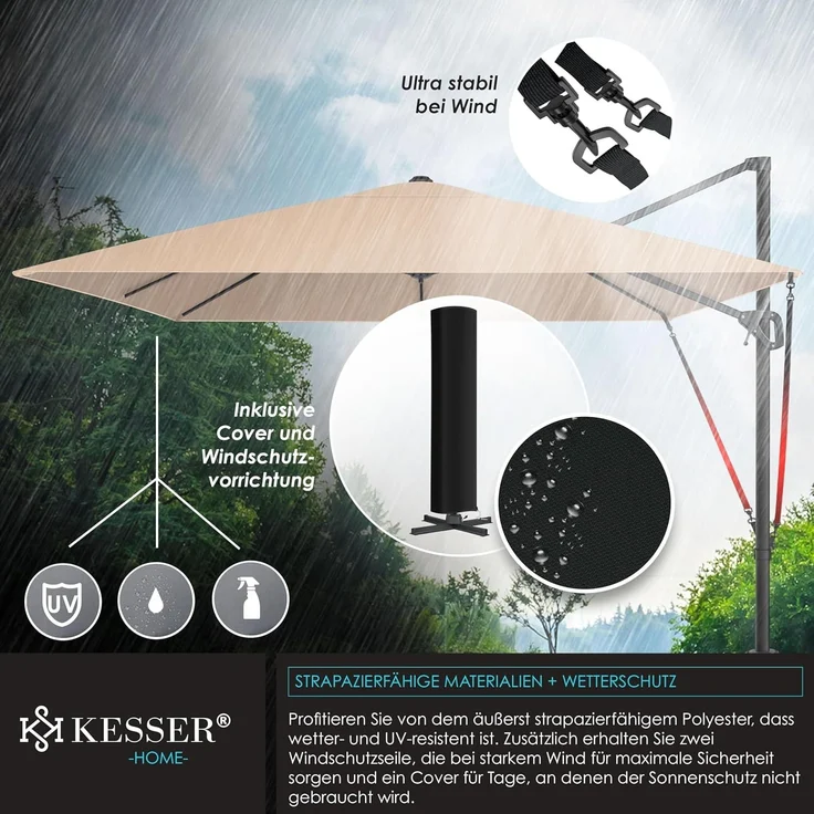 KESSER® Sonnenschirm Ampelschirm Sun XL 300x300 cm Inkl. Abdeckung +Windsicherung Drehbar Neigbar Kippbar Marktschirm Groß 360° Rotation, Gartenschirm mit Kurbel Sonnenschutz UV50+, Taupe – Bild 8