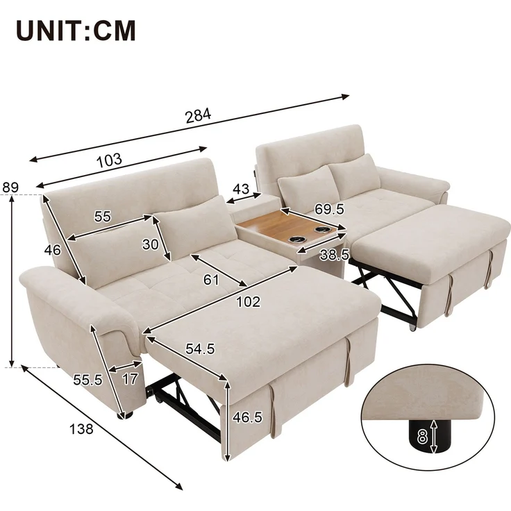 Merax U-förmiges Schlafsofa, ausziehbar, Doppel-Schlafauszug, verstellbare Rückenlehne, Haustierbereich, Couchtisch mit 2 Becherhaltern, 4 Kissen, Chenille, Beige, 284×138×89 cm – Bild 4