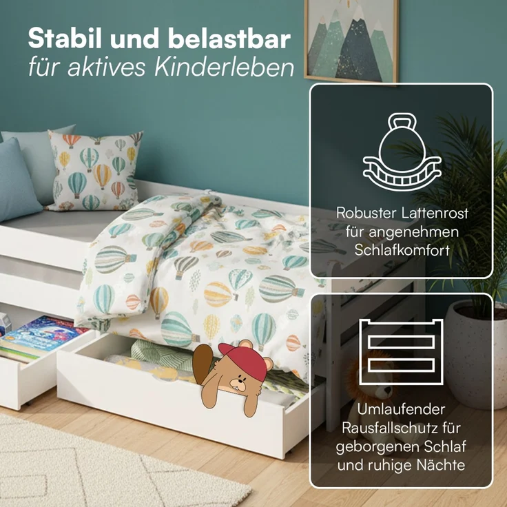 Bellabino 'Kuru' Kinderbett 90x200 cm mit Matratze und 2 Schubladen, weiß, Jugendbett mit Rausfallschutz und Lattenrost – Bild 3