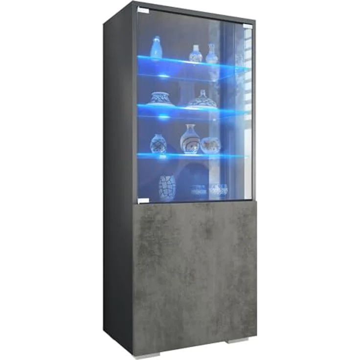 Vladon Standvitrine Granada (Vitrinenschrank, mit Glastür und Glaseinsatz inkl. LED) Anthrazit matt/Beton Dunkel Optik (50 x 122,5 x 34,5 cm) – Bild 2