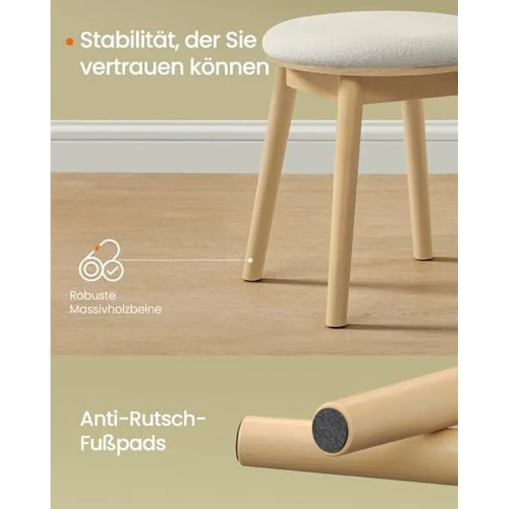 SONGMICS HOME BOHOVEN Kollektion - Schminkhocker, Schminktisch-Hocker gepolstert, Massivholzbeine, Sitzhocker rund, Fußhocker, rutschfeste Fußpads, Boho-Stil, Schlafzimmer, cremeweiß-eichenbeige – Bild 5
