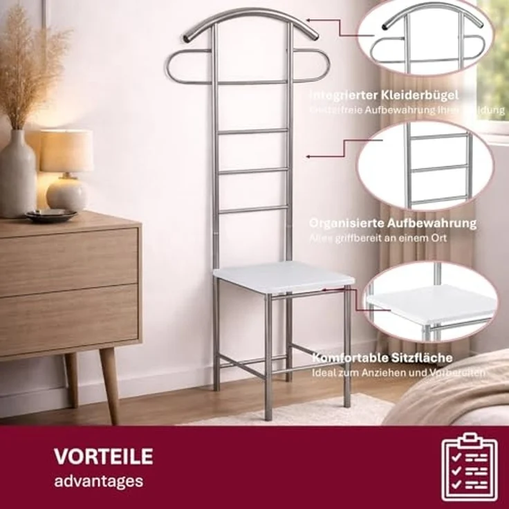 HOOZ Herrendiener Herrendiener mit Sitzfläche Kleiderbutler stummer Diener 52x40x120 cm, (Einzelprodukt, 1 St, Aufbewahrung), Kleiderständer mit Sitzfläche, platzsparend für kleine Räume – Bild 5