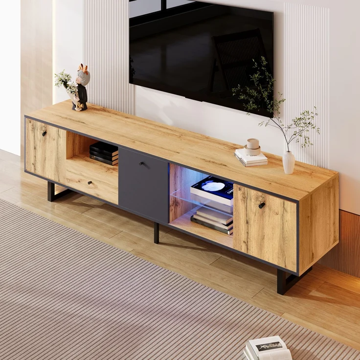 TV-Schrank Holz Grau Anthrazit 190 x 40 x 50 cm, LED-Beleuchtung & Glasböden,mit 3 Türen, 3 offenen Fächern – Bild 2