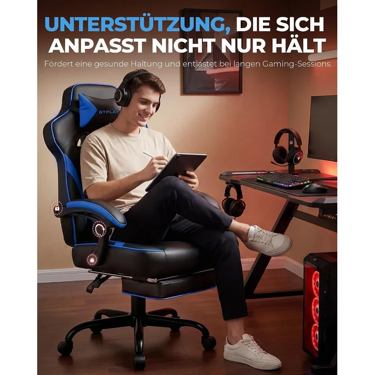 GTPLAYER Gaming Stuhl mit Fußstütze, Ergonomischer Bürostuhl 180kg, Schwerlast Gaming Sessel mit Lendenwirbelstütze und Kopfstütze, Höhenverstellbarer Computerstuhl, Gepolstert, neigbare 155°, BLAU – Bild 5