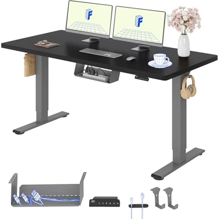 FLEXISPOT Höhenverstellbarer Schreibtisch mit 2 Motoren & 25MM einteiliger Tischplatte,ergonomischer Bürotisch - 140x80 cm Schwarz, graues Gestell