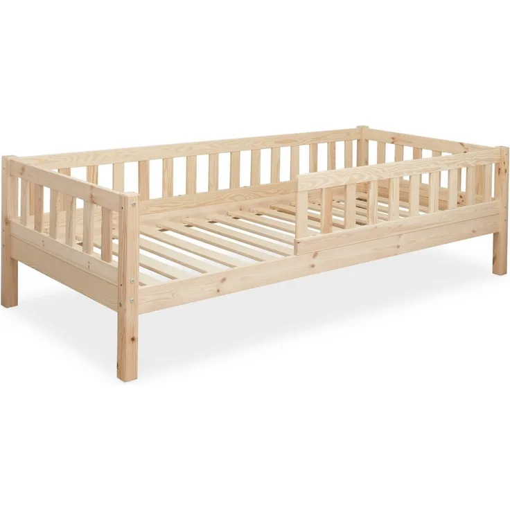 Ehrenkind Kinderbett mit Rausfallschutz aus massivem Kieferholz, Kinderbett 90x200 cm (zeitlos, hochwertig und auch für ältere Kinder geeignet, aus FSC zertifiziertem Holz), Jugendbett, Kinderbett mit Rausfallschutz