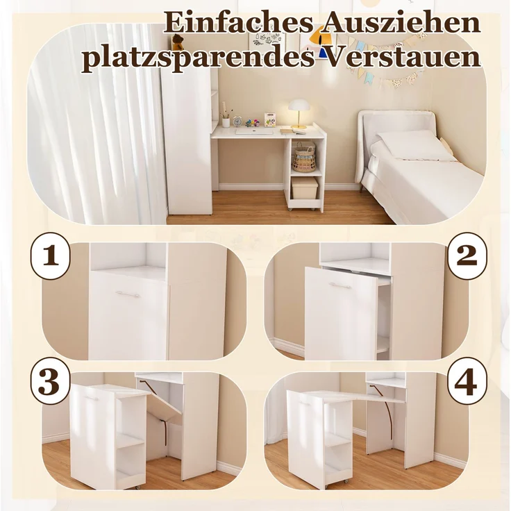Ausziehbarer Schreibtisch aus MDF mit Stauraumschrank und verstellbaren Ablagen, 126x55x136 cm, Weiß – Bild 8