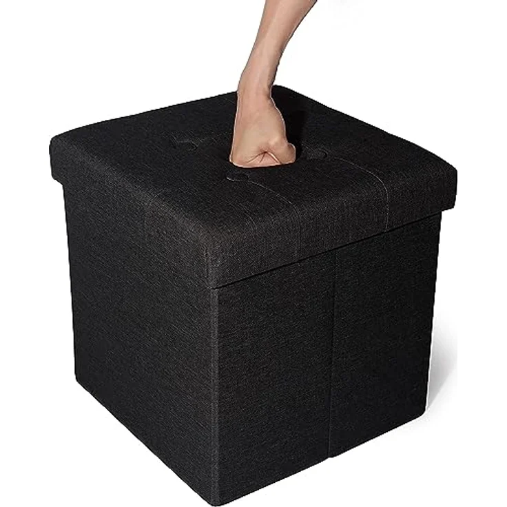 Zedelmaier Sitzhocker mit Stauraum, Fußbank Truhen Aufbewahrungsbox faltbar belastbar bis 300 kg, Leinen, 38 x 38 x 38 cm (Dunkles Schwarz) – Bild 6