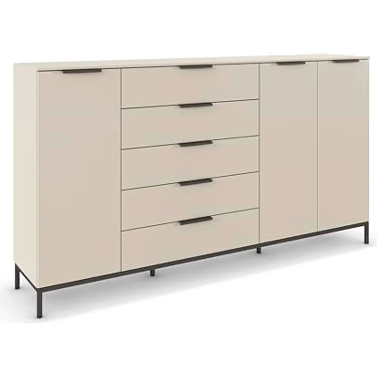 Rauch Möbel Flipp, Nachttisch für Schlafzimmer, Kinderzimmer, Wohnzimmer, Flur, Garderobe, 3-türig, 5 Schubladen, mit Softclose-Funktion, Griffe und Metallkufe Graphit, Farbe Beige, Breite 199 cm – Bild 2
