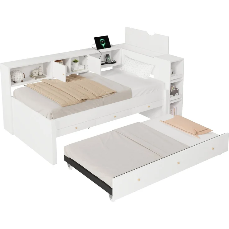 Stauraumbett 90x200 cm mit 3 Schubladen, Ausziehbett und USB-Anschluss – Weiß (ohne Matratze) – Bild 6