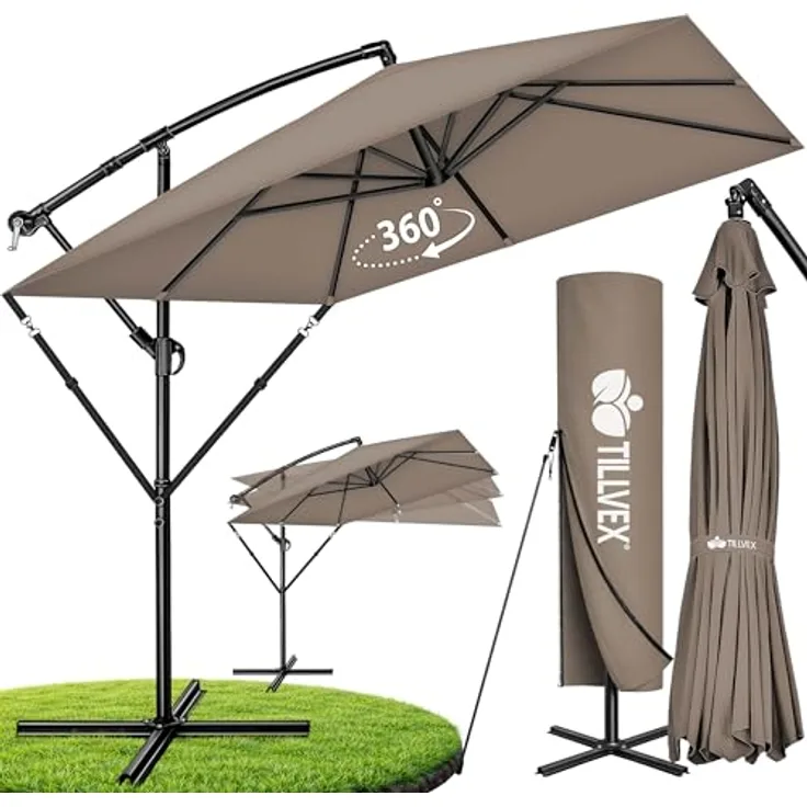 tillvex Sonnenschirm tillvex® eckig 235 x 235 cm Ampelschirm, Kurbelschirm mit 360° Drehung, wasserdicht, UV-Schutz bis UPF 50+, Aluminium, inkl. Abdeckung und Windschutz