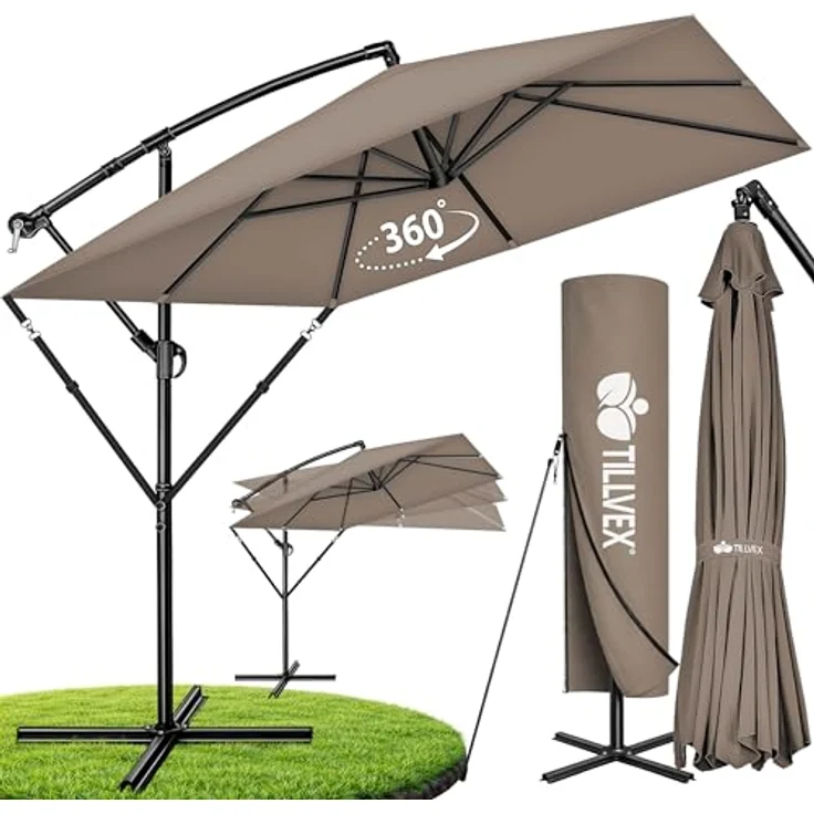 tillvex Sonnenschirm tillvex® eckig 235 x 235 cm Ampelschirm, Kurbelschirm mit 360° Drehung, wasserdicht, UV-Schutz bis UPF 50+, Aluminium, inkl. Abdeckung und Windschutz – Bild 1