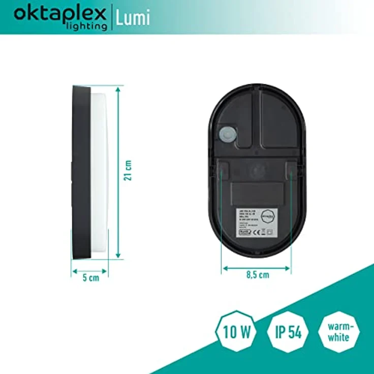 Oktaplex lighting Oval Lumi 10W LED Kellerlampe, IP54, 800 Lm warmweiß 3000K, Außenleuchte in Anthrazit – Bild 4