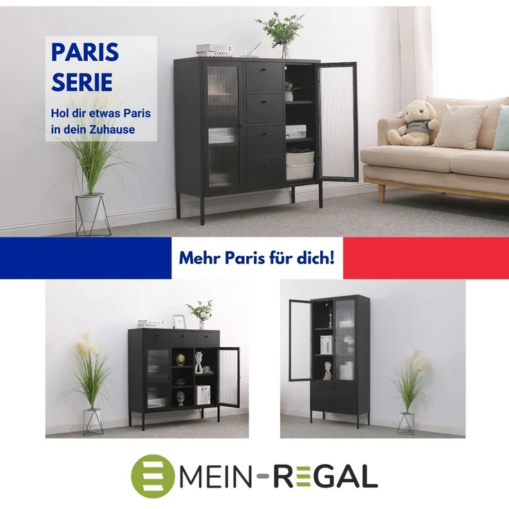 Mein-Regal Vitrine Paris aus Metall mit Schubladen und Glastüren Schwarz – Bild 7