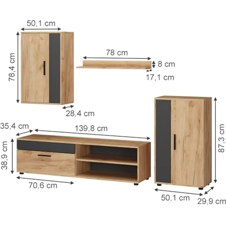 Wohnwand Berno Goldkraft Eiche set, 4 Teile Vicco – Bild 3