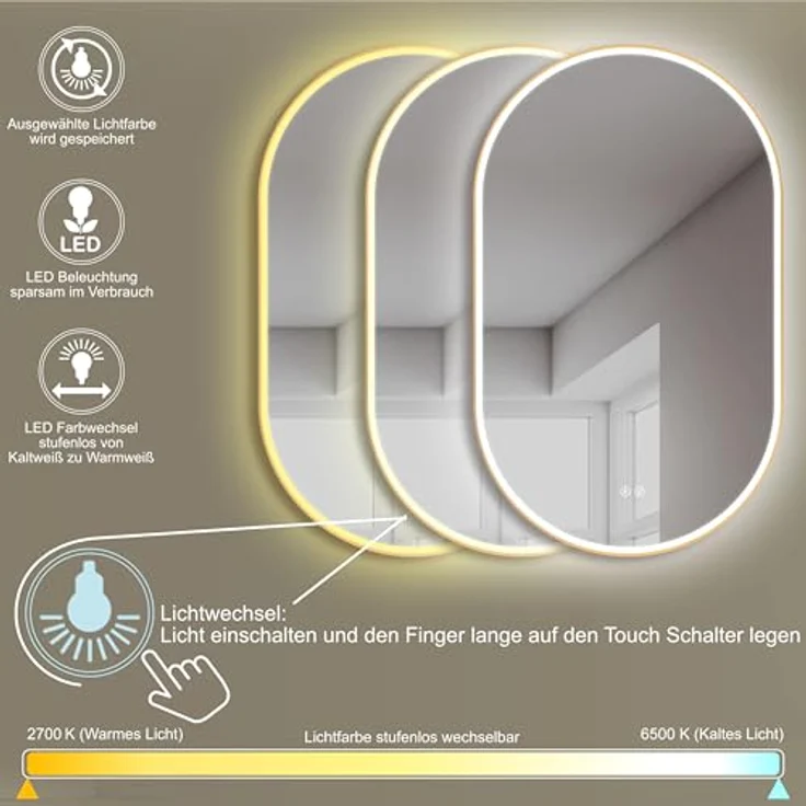 HOKO Badezimmerspiegel LED Oval 50x90 cm London Gold, Anti-Beschlag, energiesparend, Touch-Sensor, Lichtfarbe Wechsel 2700-6500K – Bild 2