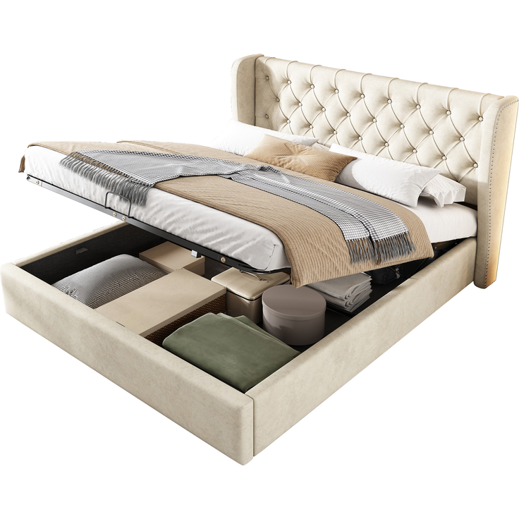Polsterbett Ohrenform Samtstoff Große Knopfnähte Doppelbett 160*200, Hydraulisches Funktionsbett mit Lattenrost und Stauraum, Bettkasten mit schmutzabweisendem Samtstoff bezogen, beige – Bild 8