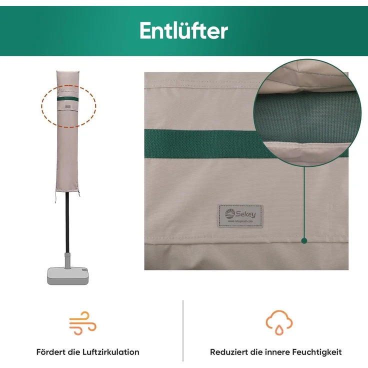 Sekey Ampelschirm / Sonnenschirm Schutzhülle mit Stab, Abdeckhauben für Gartenschirm mit Belüftungsöffnungen, Abdeckung für Kurbelschirm / Balkonschirm, 100% Polyester, wasserdicht, Khaki – Bild 3